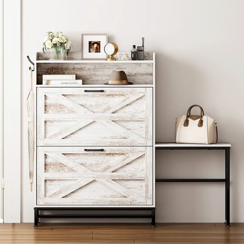 White 2-Flip-Drawer Shoe Storage Cabinet, Farmhouse Style, for 1–2 People