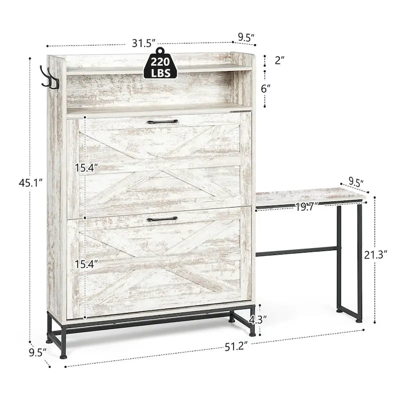 White 2-Flip-Drawer Shoe Storage Cabinet, Farmhouse Style, for 1–2 People