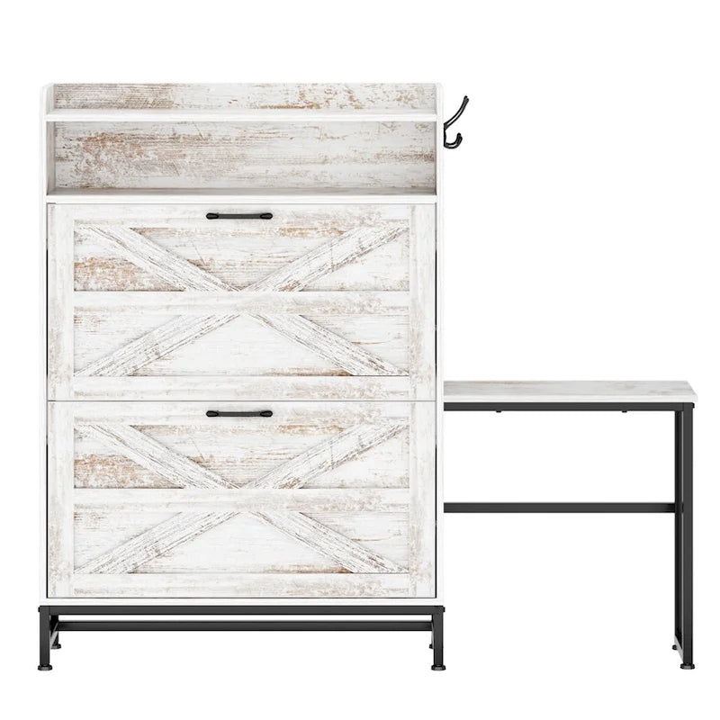 White 2-Flip-Drawer Shoe Storage Cabinet, Farmhouse Style, for 1–2 People