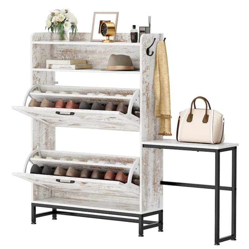 White 2-Flip-Drawer Shoe Storage Cabinet, Farmhouse Style, for 1–2 People