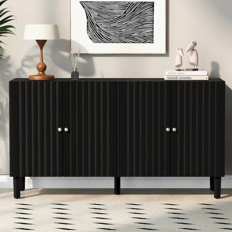 Black / White Four-Door Sideboard with Wavy Doors & Cylindrical Legs, for 1 User