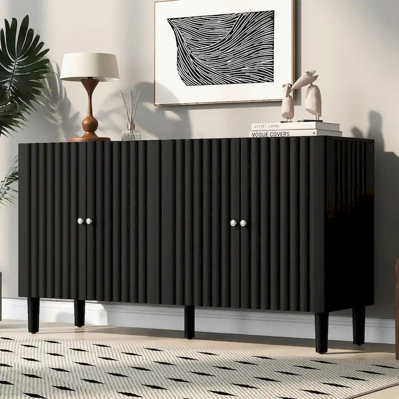 Black / White Four-Door Sideboard with Wavy Doors & Cylindrical Legs, for 1 User