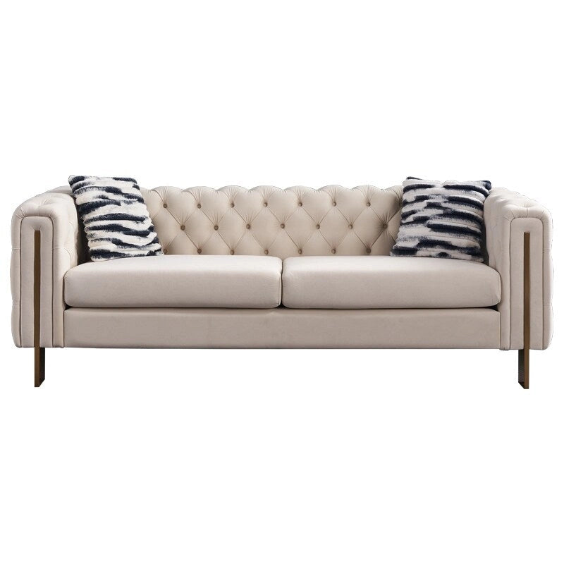 Cream / Blue Velvet Chesterfield Sofa, Button Tufted, 3-Seater, 700 lb Capacity