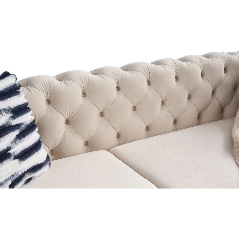 Cream / Blue Velvet Chesterfield Sofa, Button Tufted, 3-Seater, 700 lb Capacity