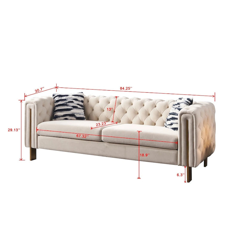 Cream / Blue Velvet Chesterfield Sofa, Button Tufted, 3-Seater, 700 lb Capacity