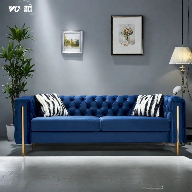 Cream / Blue Velvet Chesterfield Sofa, Button Tufted, 3-Seater, 700 lb Capacity