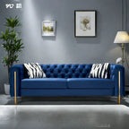 Cream / Blue Velvet Chesterfield Sofa, Button Tufted, 3-Seater, 700 lb Capacity