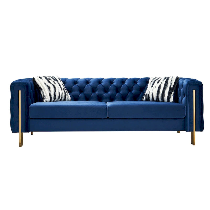 Cream / Blue Velvet Chesterfield Sofa, Button Tufted, 3-Seater, 700 lb Capacity