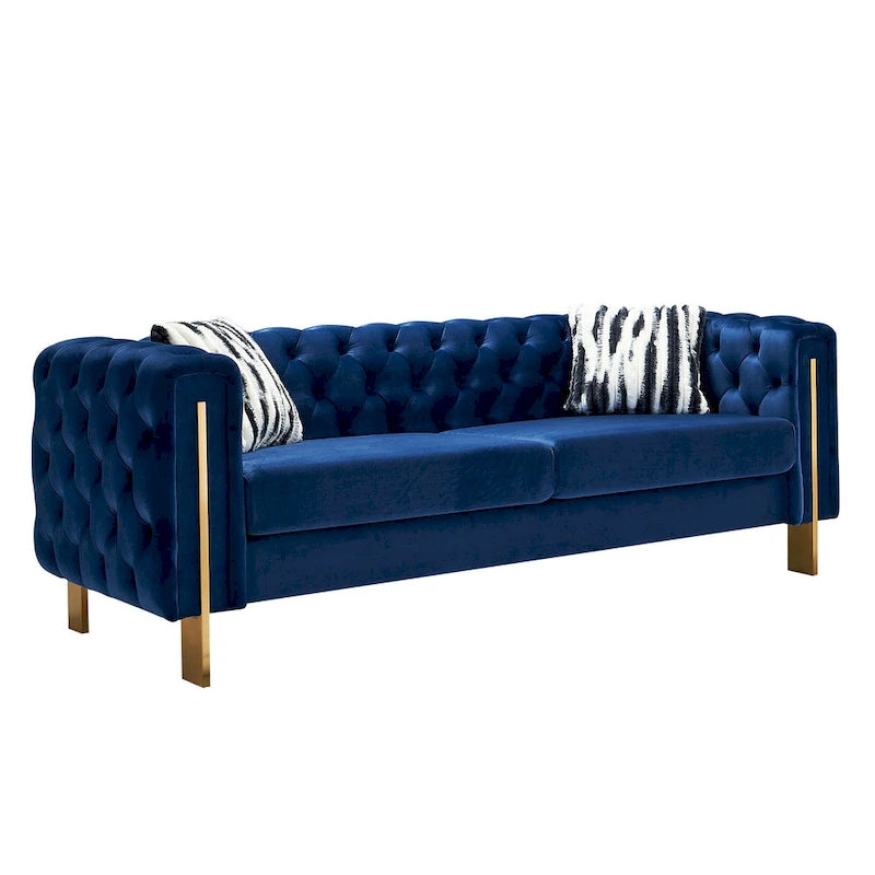 Cream / Blue Velvet Chesterfield Sofa, Button Tufted, 3-Seater, 700 lb Capacity