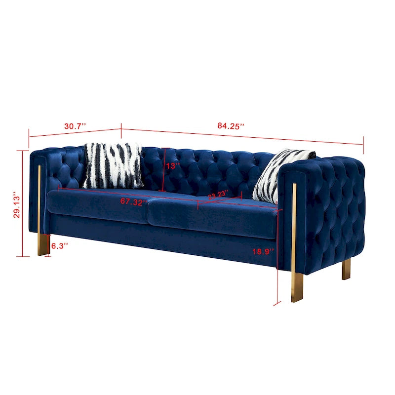 Cream / Blue Velvet Chesterfield Sofa, Button Tufted, 3-Seater, 700 lb Capacity