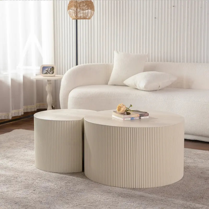 Natural Wood Round Carved Relief Coffee Table for 1–2 People