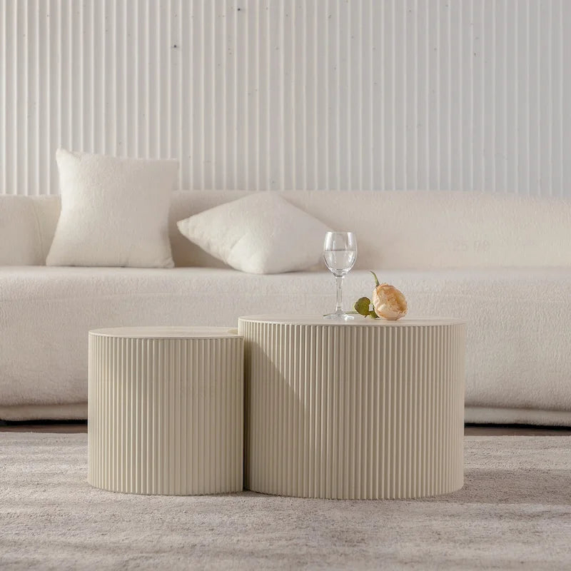 Natural Wood Round Carved Relief Coffee Table for 1–2 People