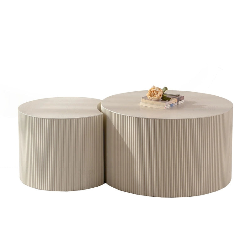 Natural Wood Round Carved Relief Coffee Table for 1–2 People