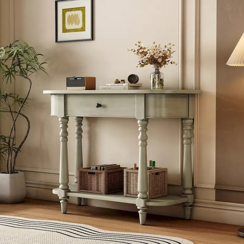 Gray Turned-Leg Console Table with Drawer and Open Shelf