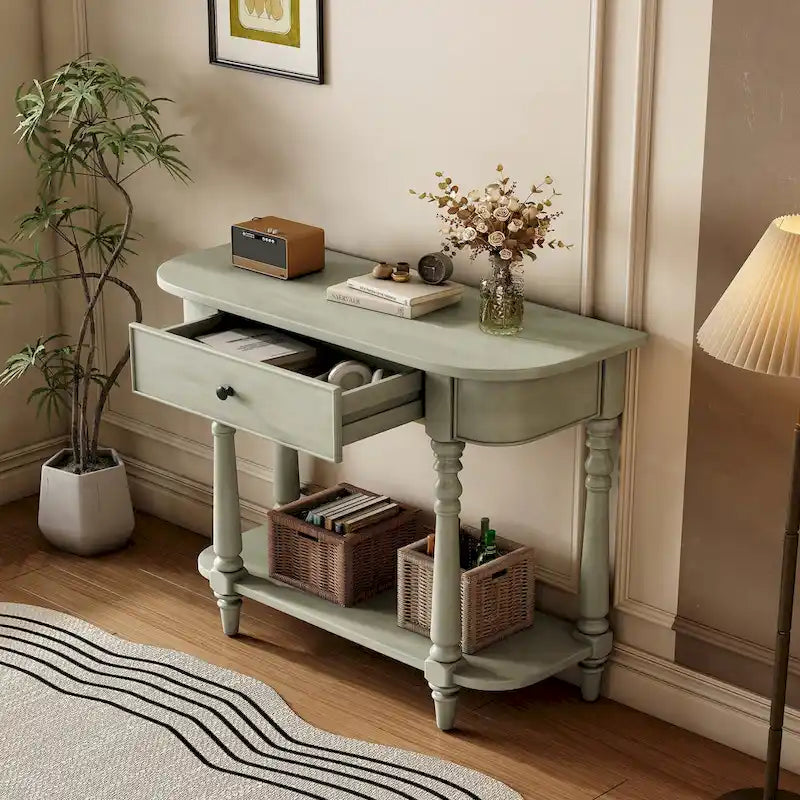 Gray Turned-Leg Console Table with Drawer and Open Shelf