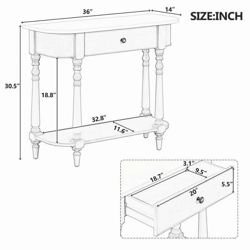 Gray Turned-Leg Console Table with Drawer and Open Shelf