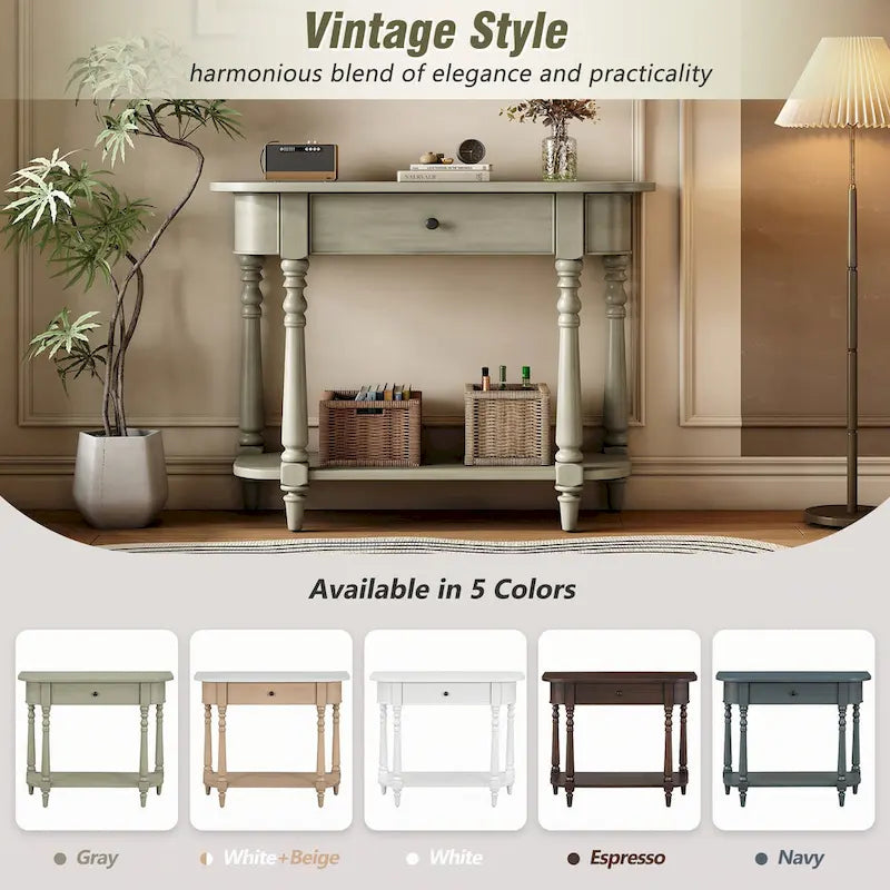 Gray Turned-Leg Console Table with Drawer and Open Shelf