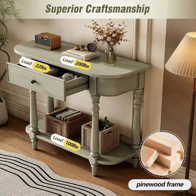 Gray Turned-Leg Console Table with Drawer and Open Shelf