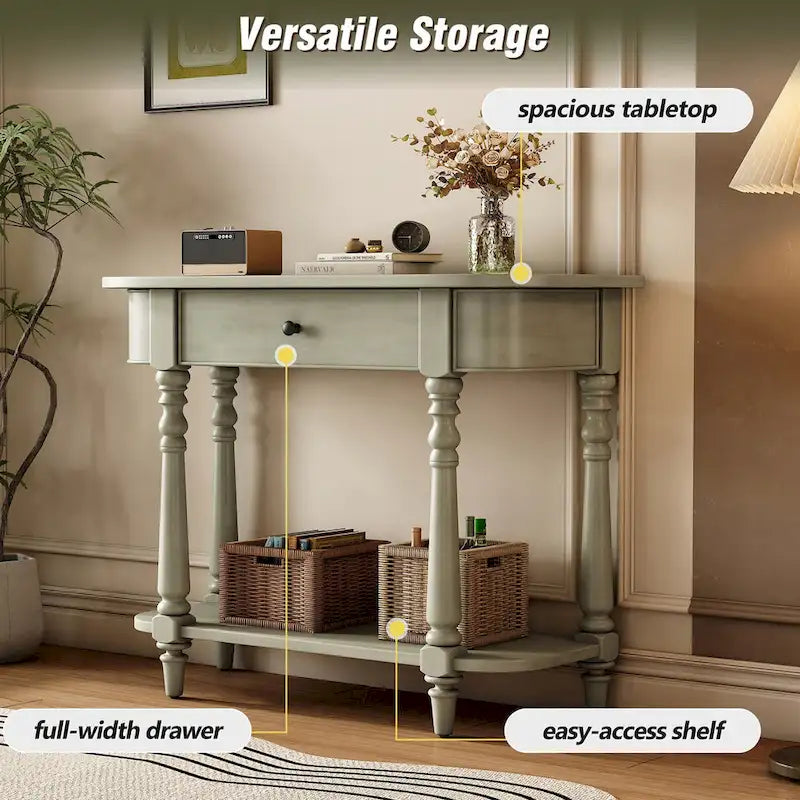 Gray Turned-Leg Console Table with Drawer and Open Shelf