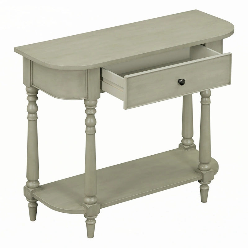 Gray Turned-Leg Console Table with Drawer and Open Shelf