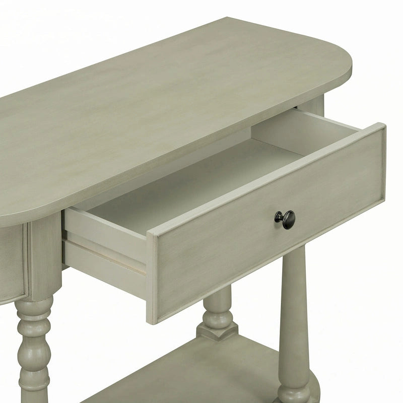 Gray Turned-Leg Console Table with Drawer and Open Shelf