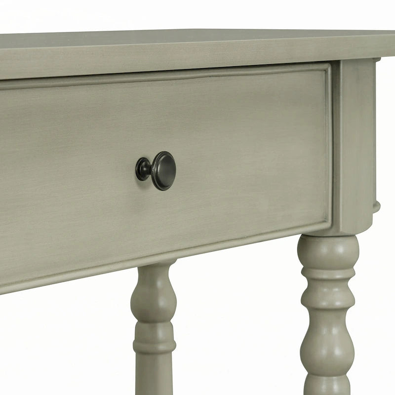 Gray Turned-Leg Console Table with Drawer and Open Shelf