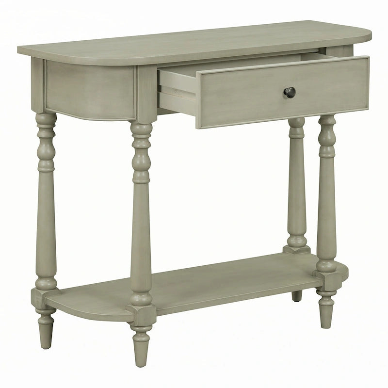 Gray Turned-Leg Console Table with Drawer and Open Shelf
