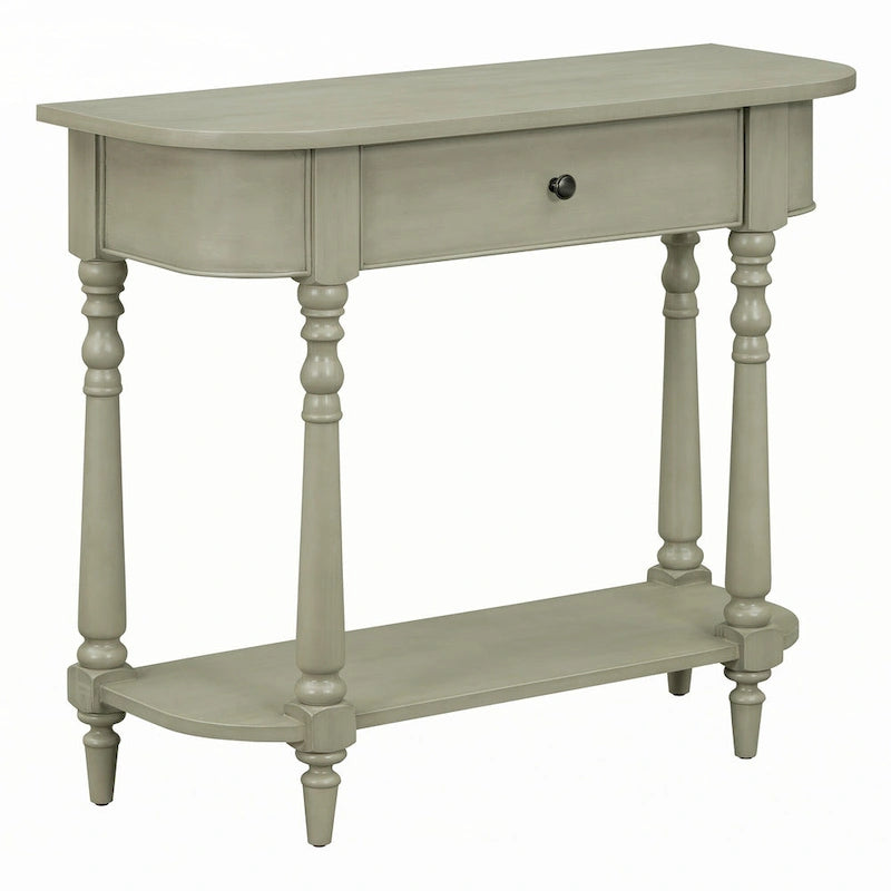 Gray Turned-Leg Console Table with Drawer and Open Shelf