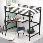 Black / Silver Metal Loft Bed with Desk & Shelf, Twin / Full, 1-Person
