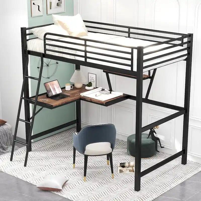 Black / Silver Metal Loft Bed with Desk & Shelf, Twin / Full, 1-Person