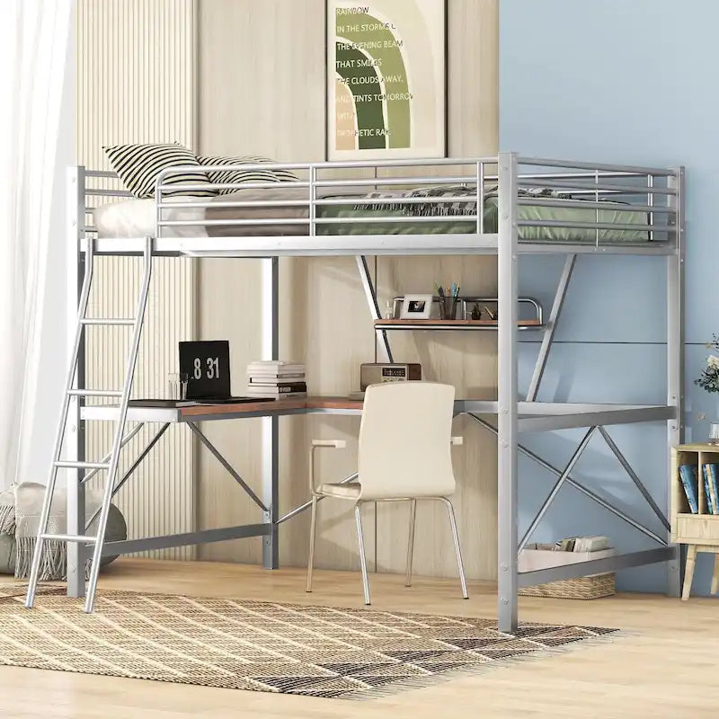 Black / Silver Metal Loft Bed with Desk & Shelf, Twin / Full, 1-Person