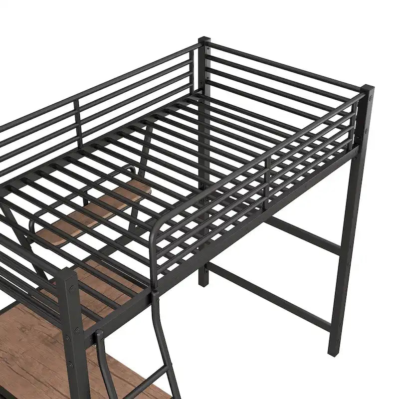 Black / Silver Metal Loft Bed with Desk & Shelf, Twin / Full, 1-Person