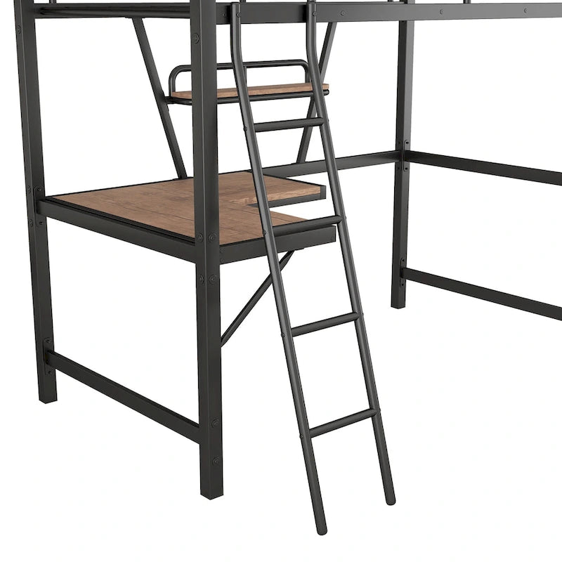 Black / Silver Metal Loft Bed with Desk & Shelf, Twin / Full, 1-Person