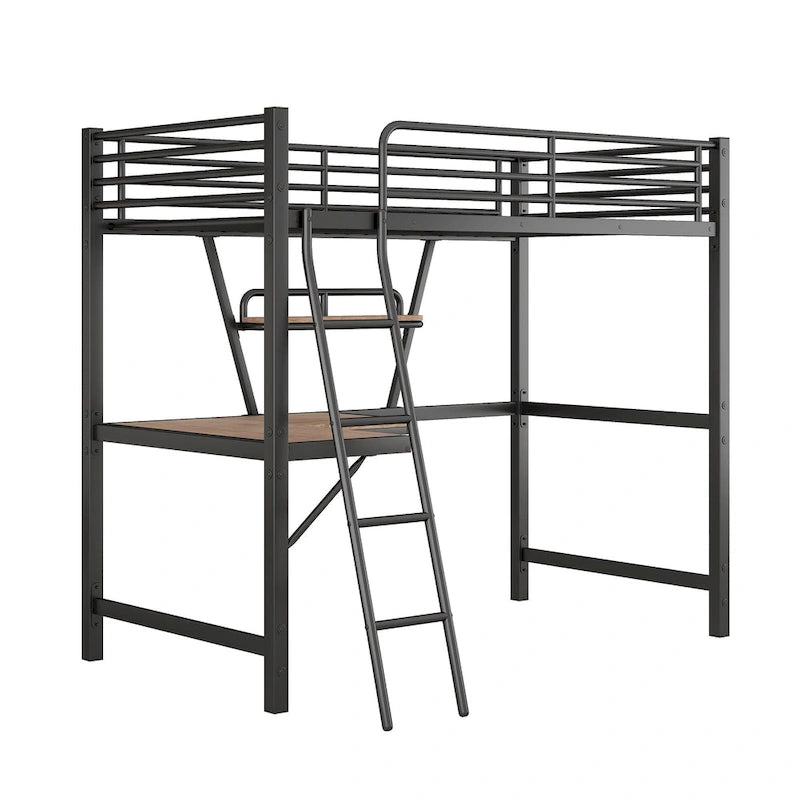 Black / Silver Metal Loft Bed with Desk & Shelf, Twin / Full, 1-Person