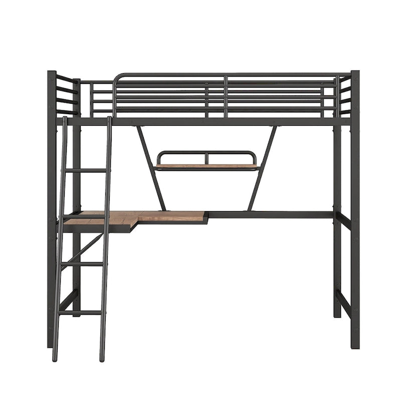 Black / Silver Metal Loft Bed with Desk & Shelf, Twin / Full, 1-Person