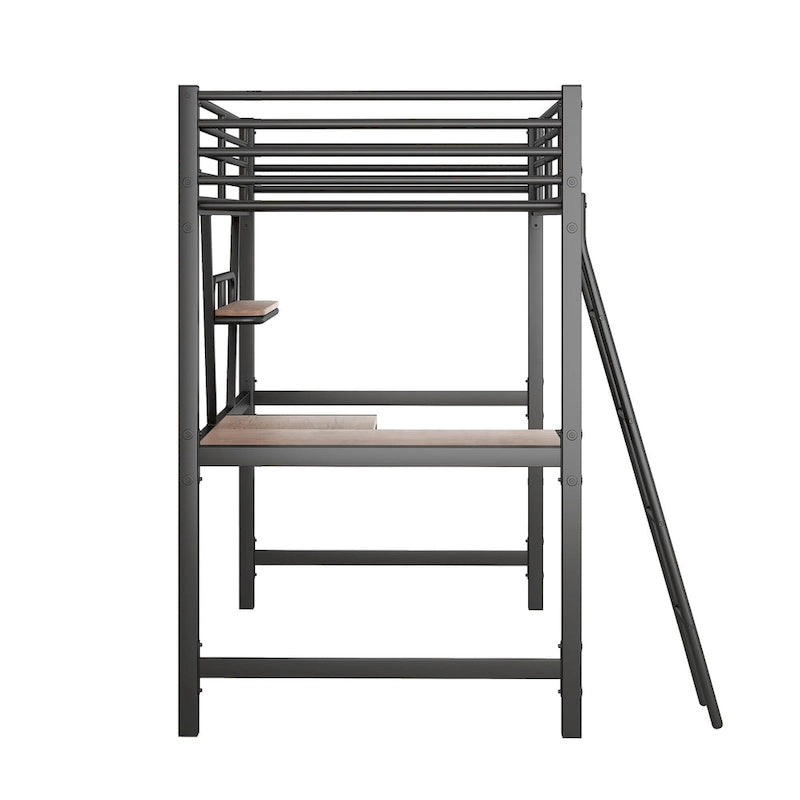Black / Silver Metal Loft Bed with Desk & Shelf, Twin / Full, 1-Person