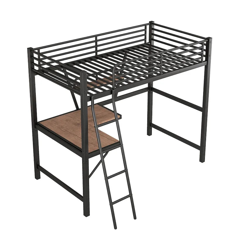 Black / Silver Metal Loft Bed with Desk & Shelf, Twin / Full, 1-Person
