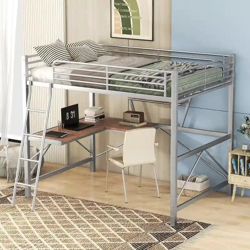 Black / Silver Metal Loft Bed with Desk & Shelf, Twin / Full, 1-Person