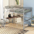 Black / Silver Metal Loft Bed with Desk & Shelf, Twin / Full, 1-Person