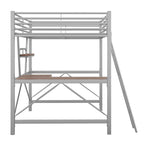 Black / Silver Metal Loft Bed with Desk & Shelf, Twin / Full, 1-Person