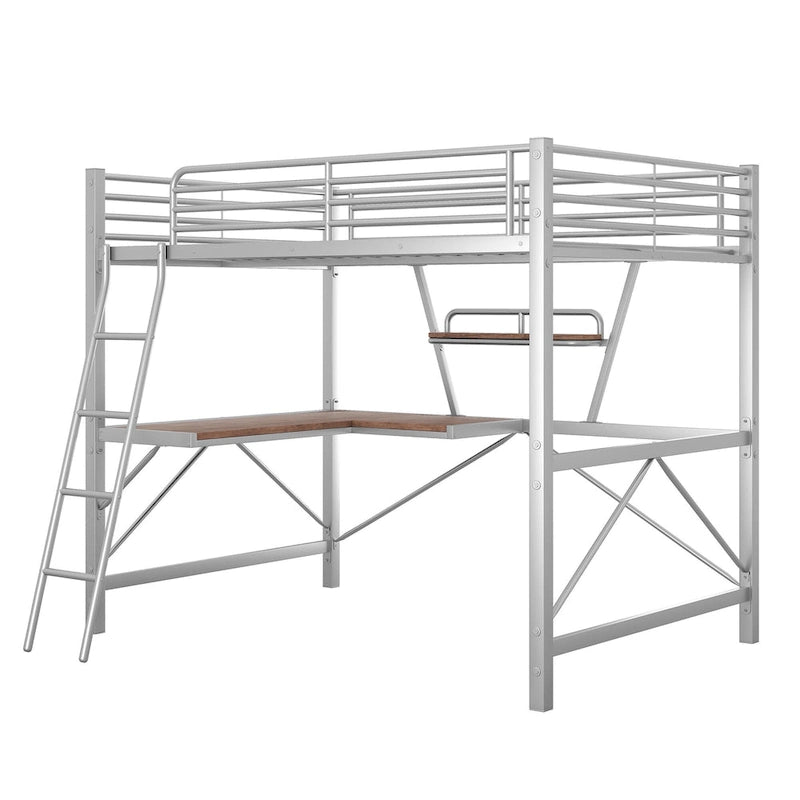 Black / Silver Metal Loft Bed with Desk & Shelf, Twin / Full, 1-Person