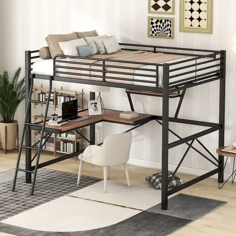 Black / Silver Metal Loft Bed with Desk & Shelf, Twin / Full, 1-Person