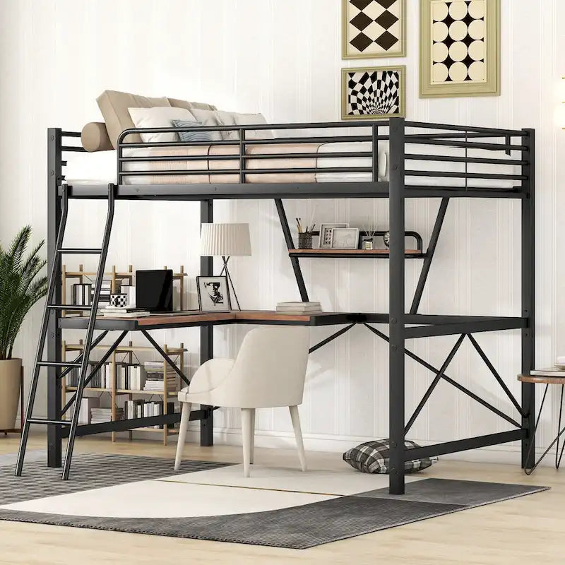 Black / Silver Metal Loft Bed with Desk & Shelf, Twin / Full, 1-Person