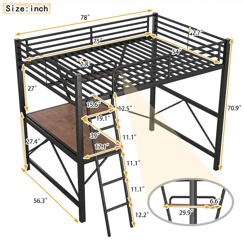 Black / Silver Metal Loft Bed with Desk & Shelf, Twin / Full, 1-Person