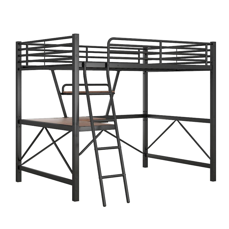 Black / Silver Metal Loft Bed with Desk & Shelf, Twin / Full, 1-Person