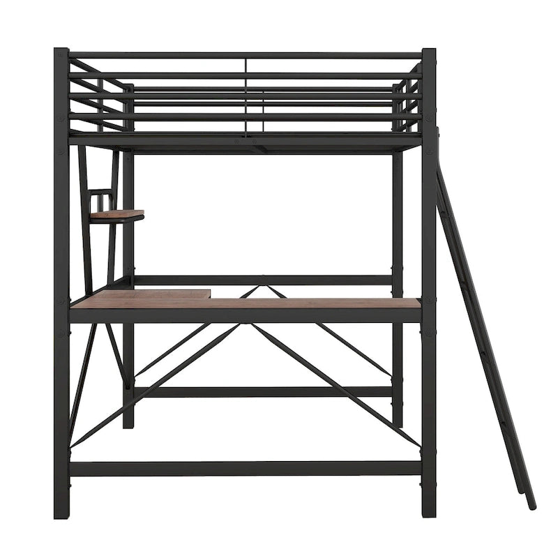 Black / Silver Metal Loft Bed with Desk & Shelf, Twin / Full, 1-Person