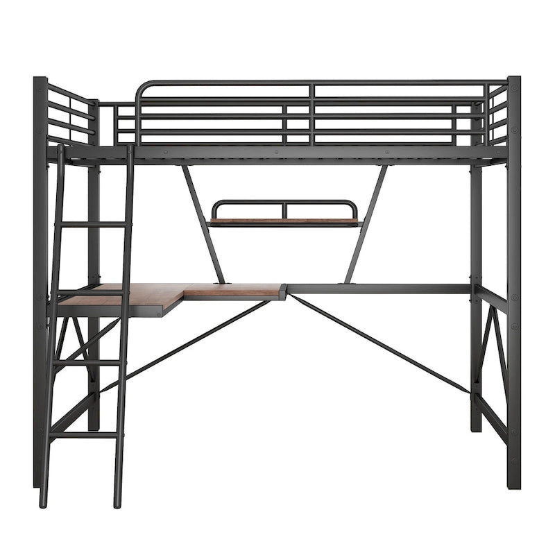 Black / Silver Metal Loft Bed with Desk & Shelf, Twin / Full, 1-Person