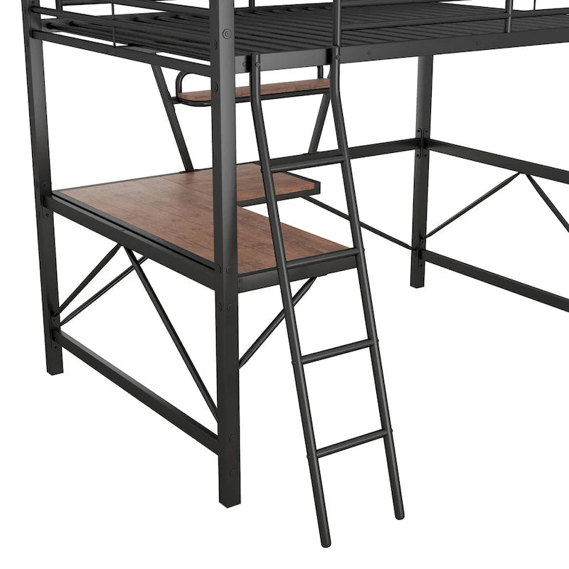 Black / Silver Metal Loft Bed with Desk & Shelf, Twin / Full, 1-Person