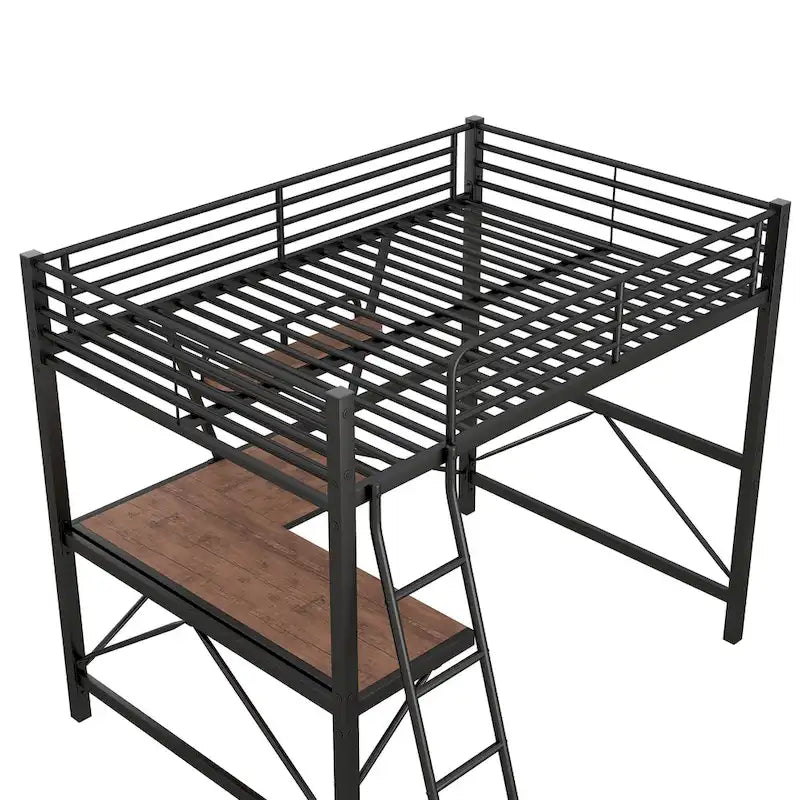Black / Silver Metal Loft Bed with Desk & Shelf, Twin / Full, 1-Person