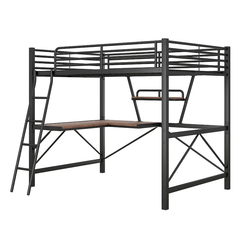 Black / Silver Metal Loft Bed with Desk & Shelf, Twin / Full, 1-Person